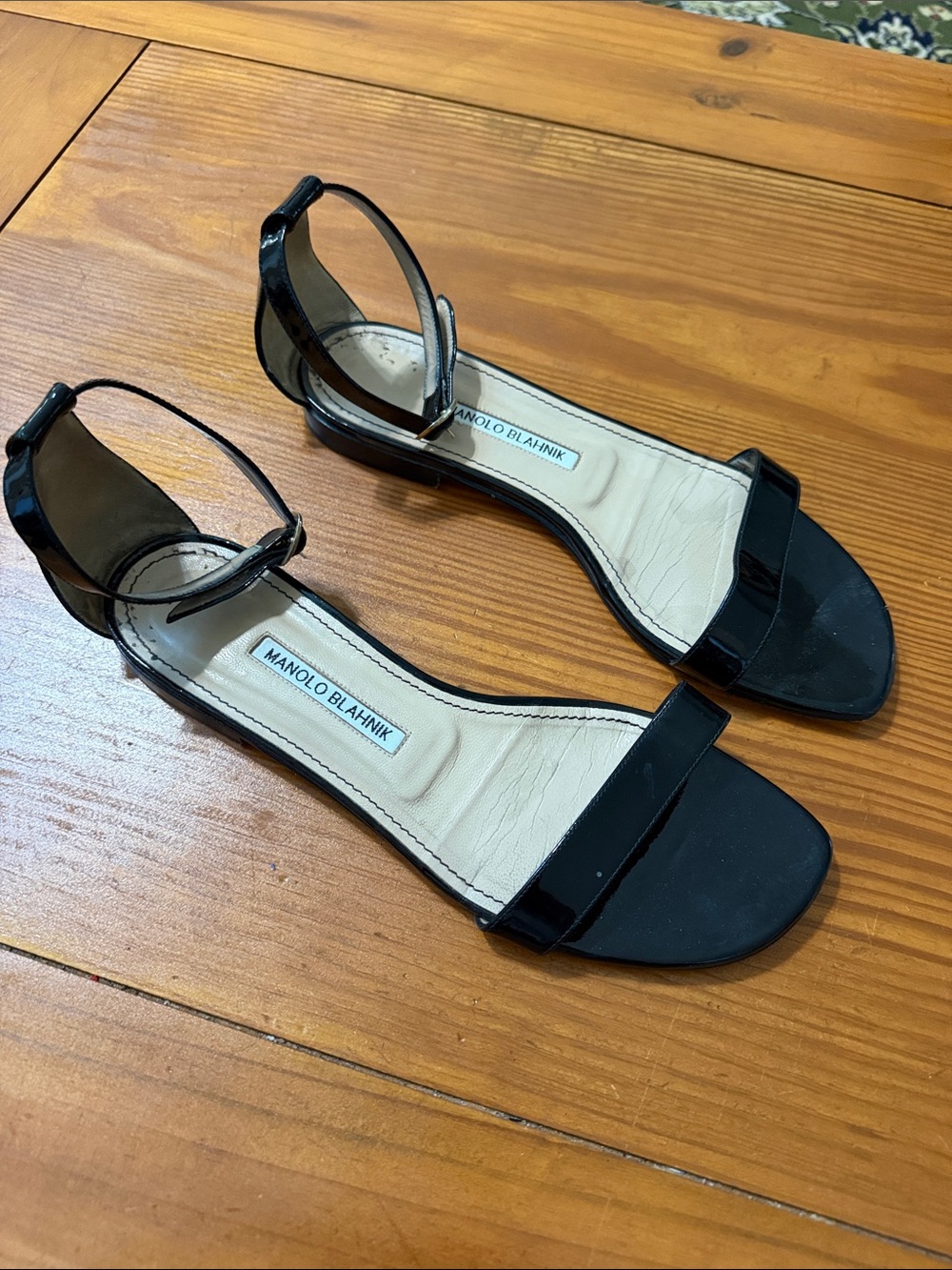 Manolo Blahnik Black Patent Open-Toe Ankle-Strap Sandals, size 40 (US 10)